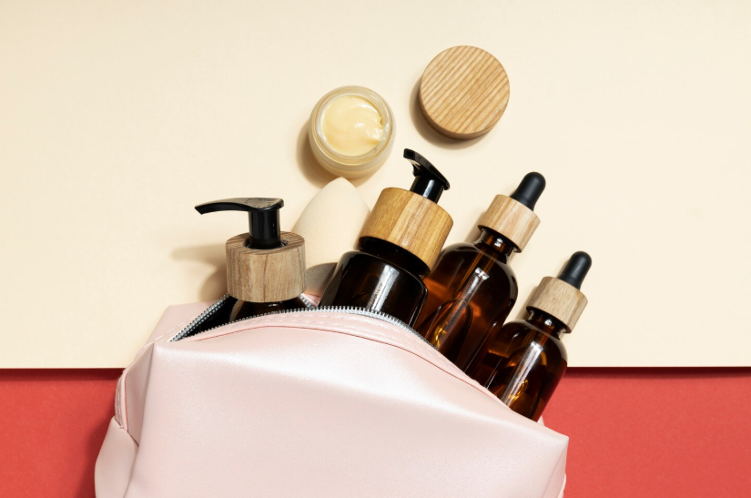 Legitimate freebies online including free beauty samples and trial-size skincare products in a pouch.