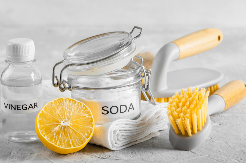 Old school cleaning hacks using vinegar, baking soda, and lemon with simple scrub tools.