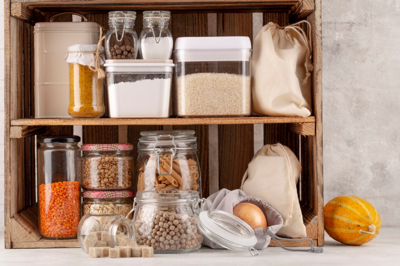 Budget pantry staples like rice beans pasta and lentils stored in reusable jars and containers.