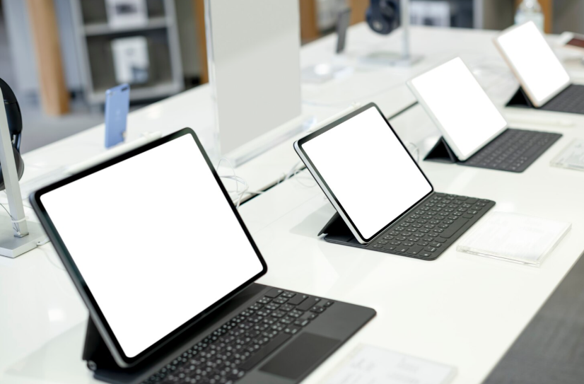 Budget laptops and tablets displayed in a store for comparison of size, keyboard, and everyday performance